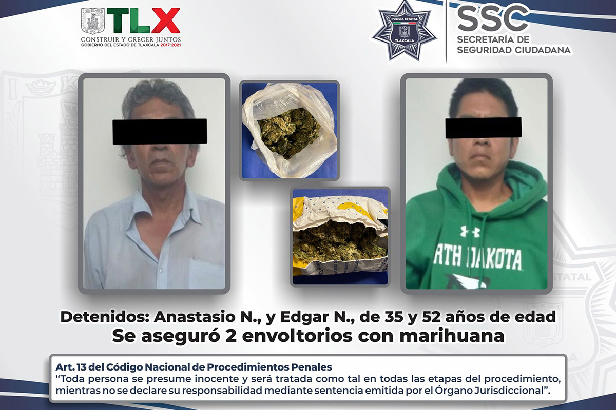 La SSC detiene en Tlaxcala a dos sujetos por posesión de marihuana