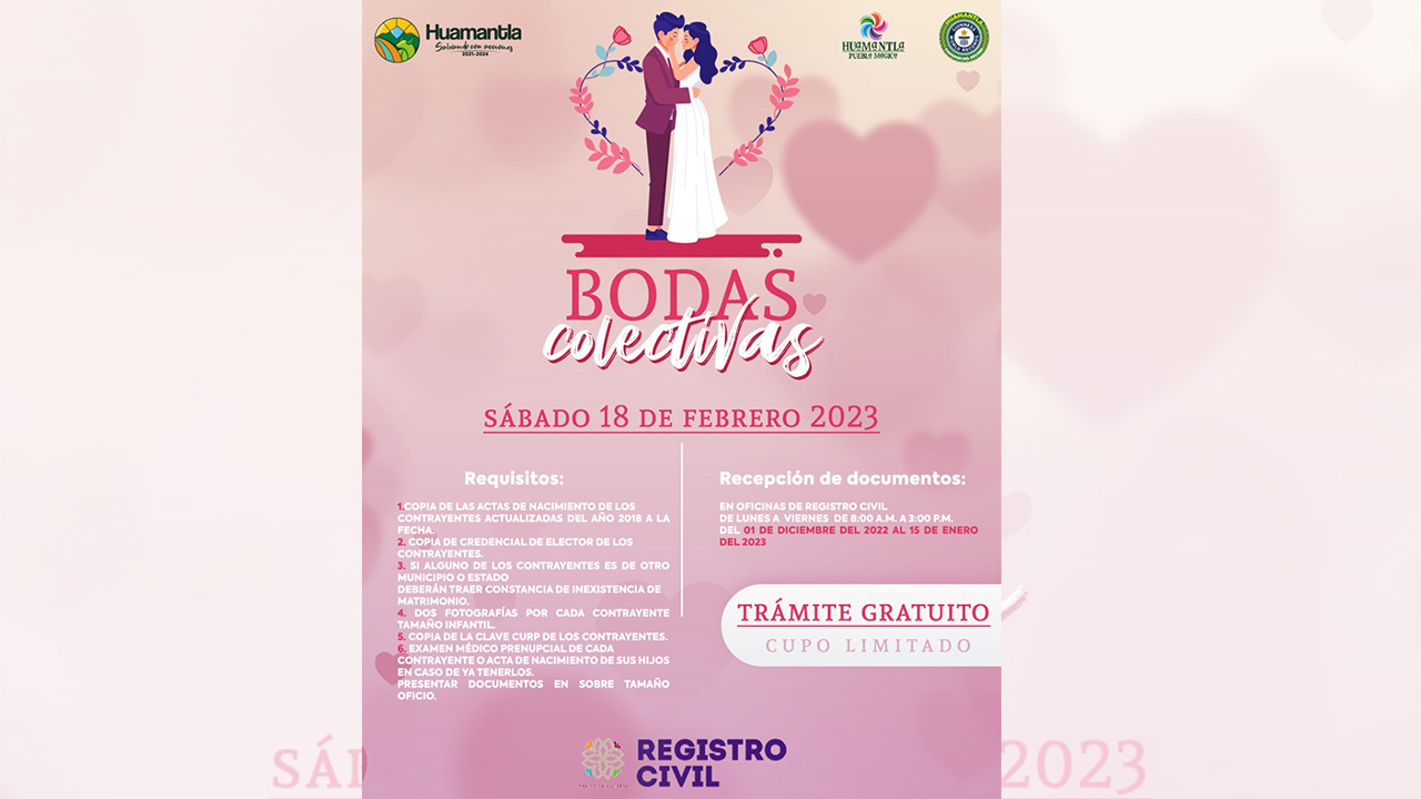 Últimos días para registrarse en la campaña gratuita de bodas civiles en Huamantla