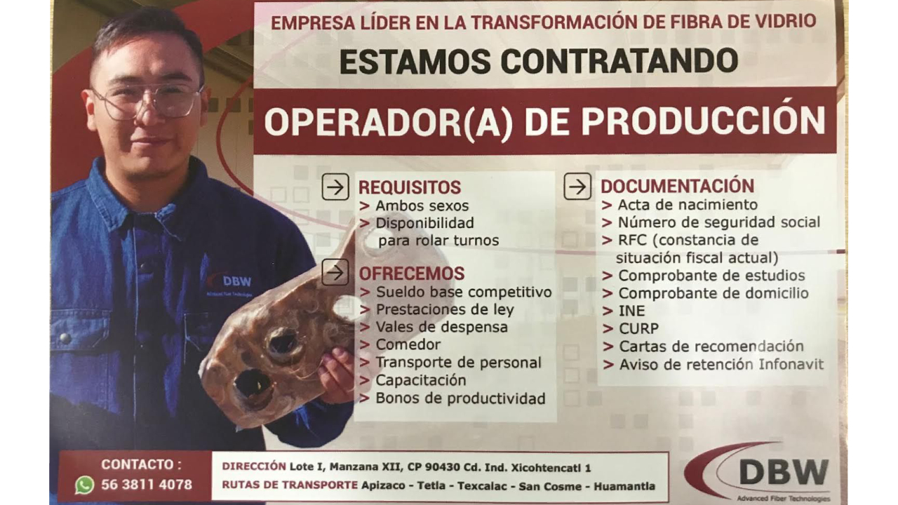 El Gobierno de Huamantla invita a participar en vacantes de empresa DBW