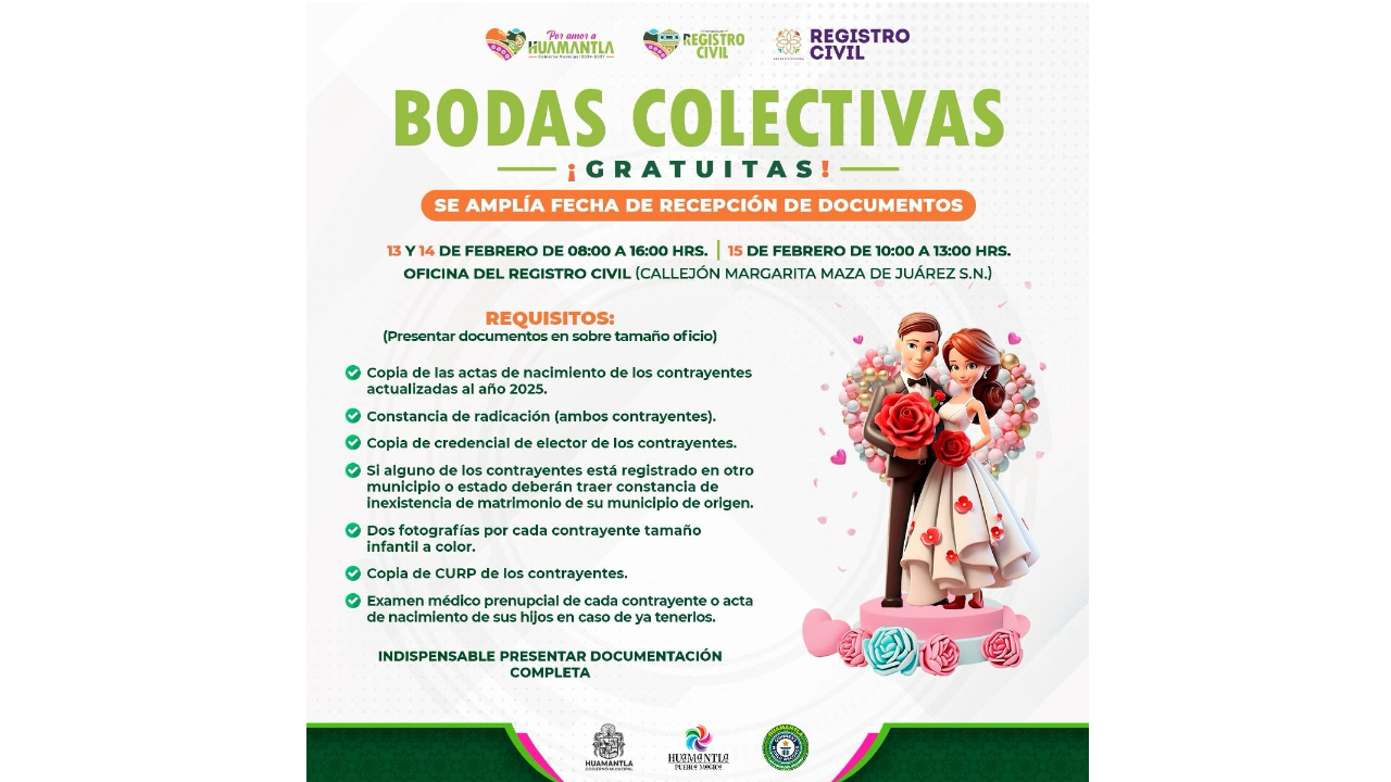 Registro civil de Huamantla amplía plazo para entrega de documentación de bodas colectivas