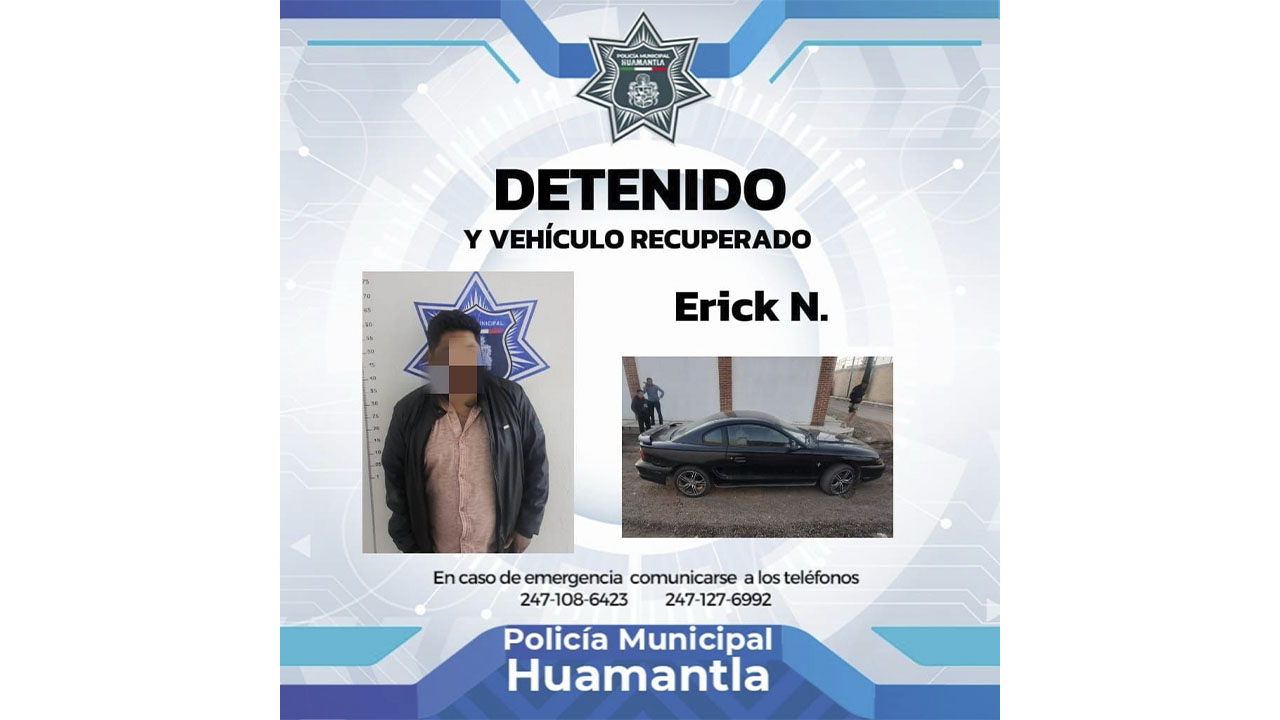 Policía de Huamantla asegura a posible sospechoso de robo de vehículo y recupera el auto