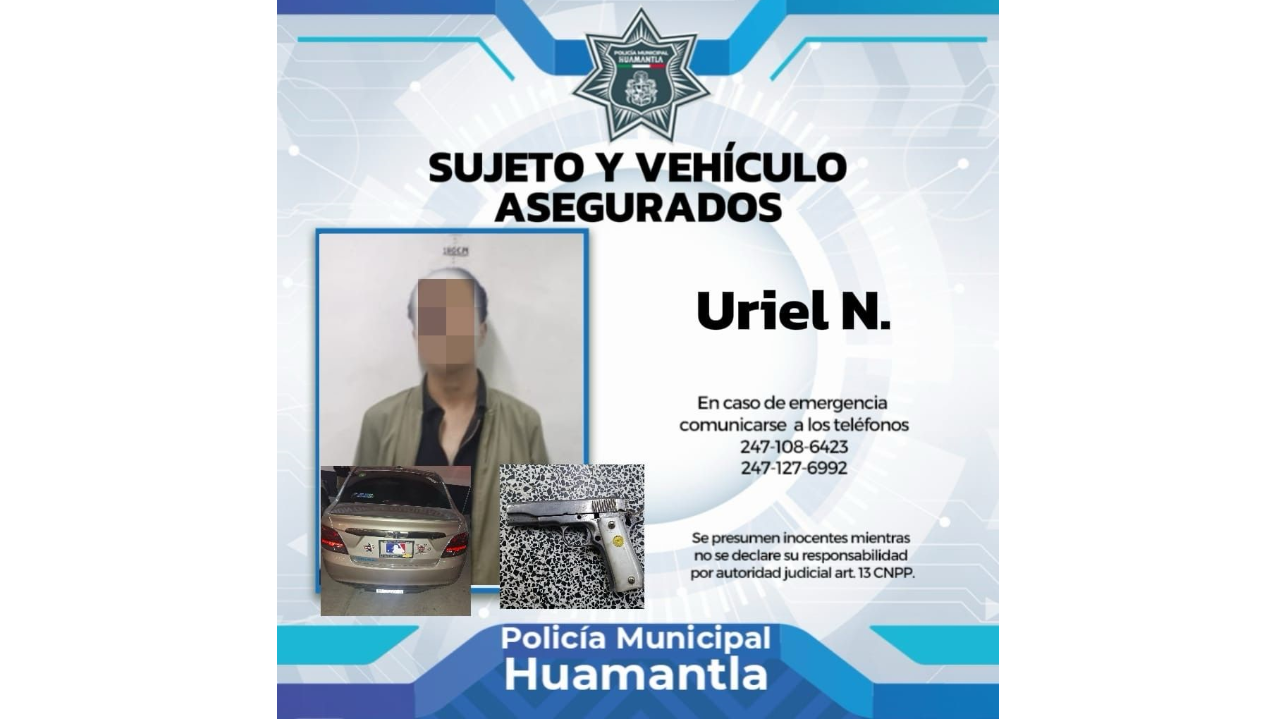 Asegura policía de Huamantla a dos personas con objeto con características similares a un arma de fuego y auto con reporte de robo