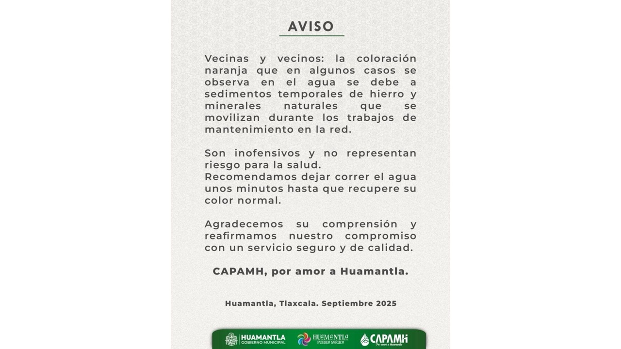 CAPAMH informa sobre coloración temporal en el agua durante trabajos de mantenimiento