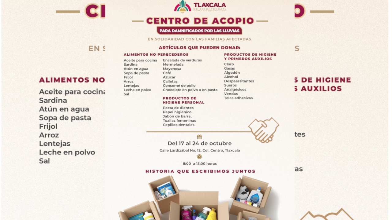 Ayuntamiento de Tlaxcala instala centro de acopio en solidaridad con familias afectadas por las lluvias