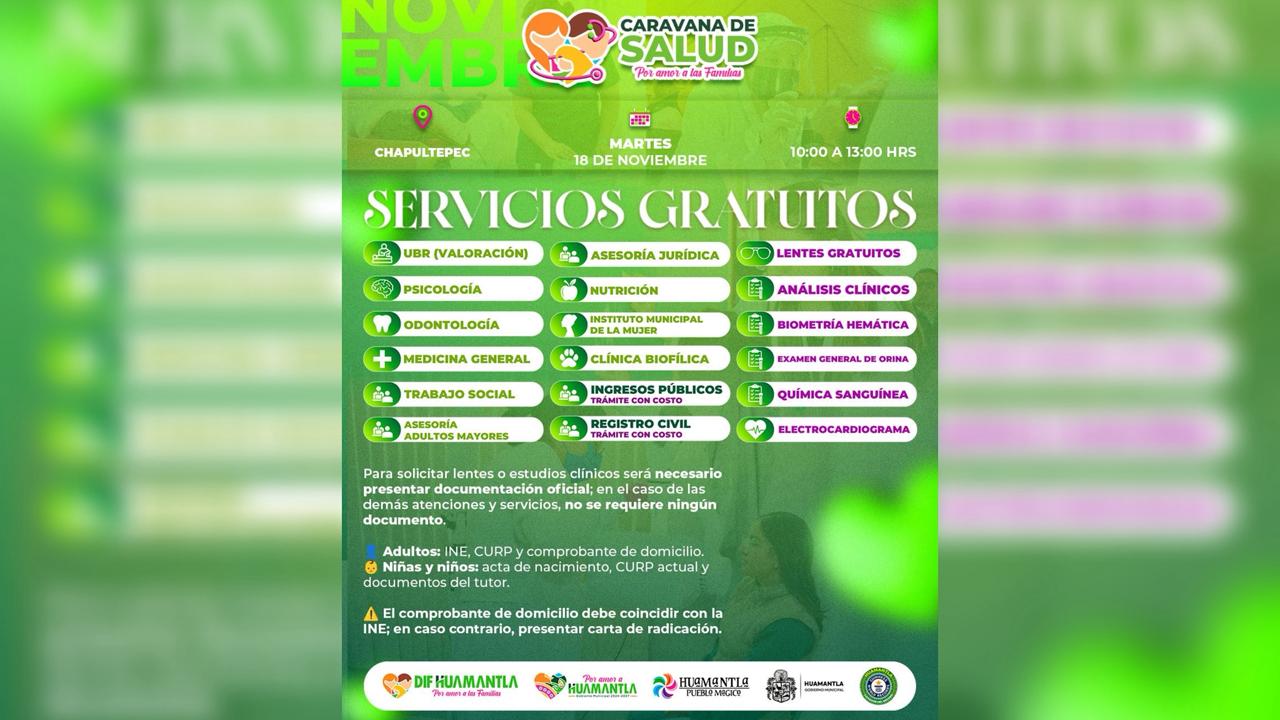 SMDIF Huamantla acercará jornada de salud y servicios este martes 18 de noviembre a la comunidad de Chapultepec