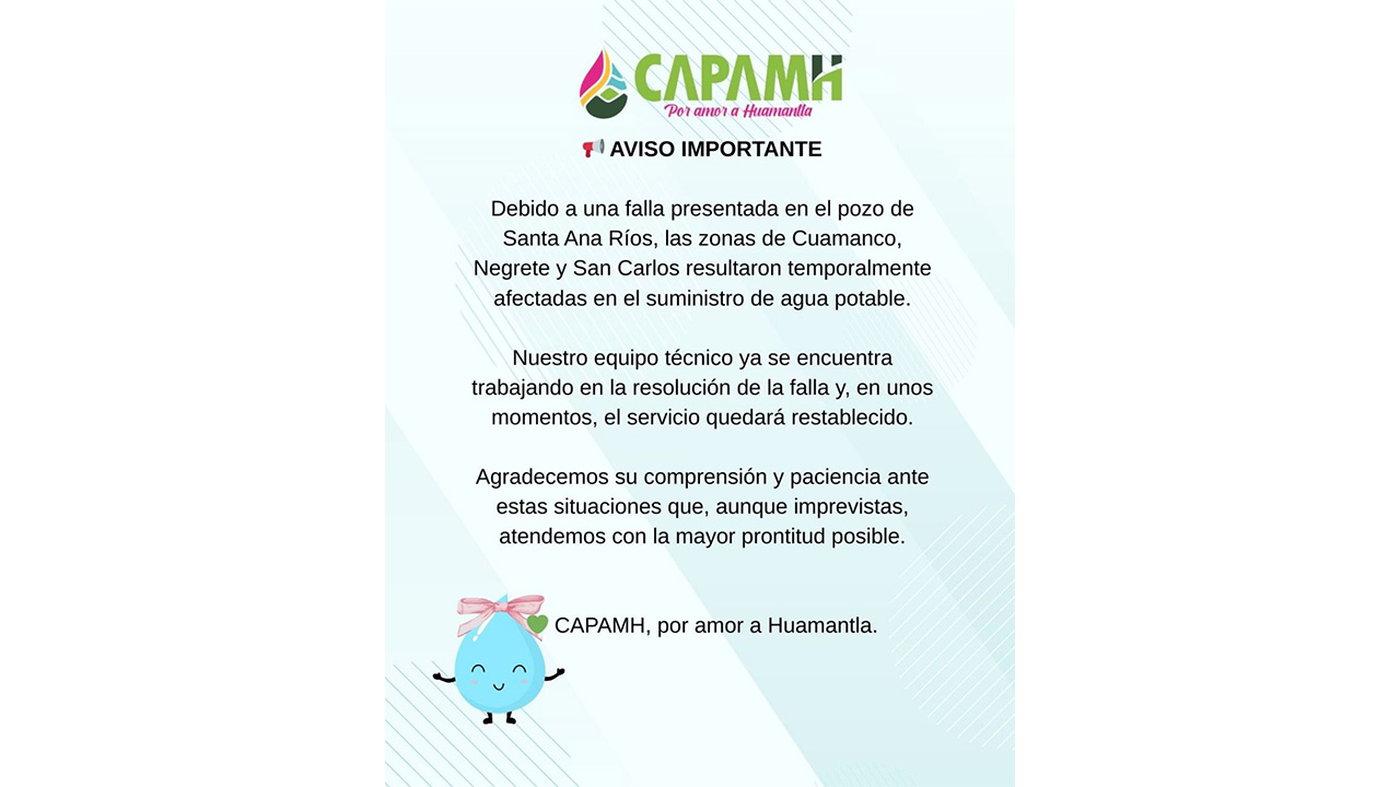 CAPAMH informa sobre falla en el pozo de Santa Ana Ríos y avance en su restablecimiento