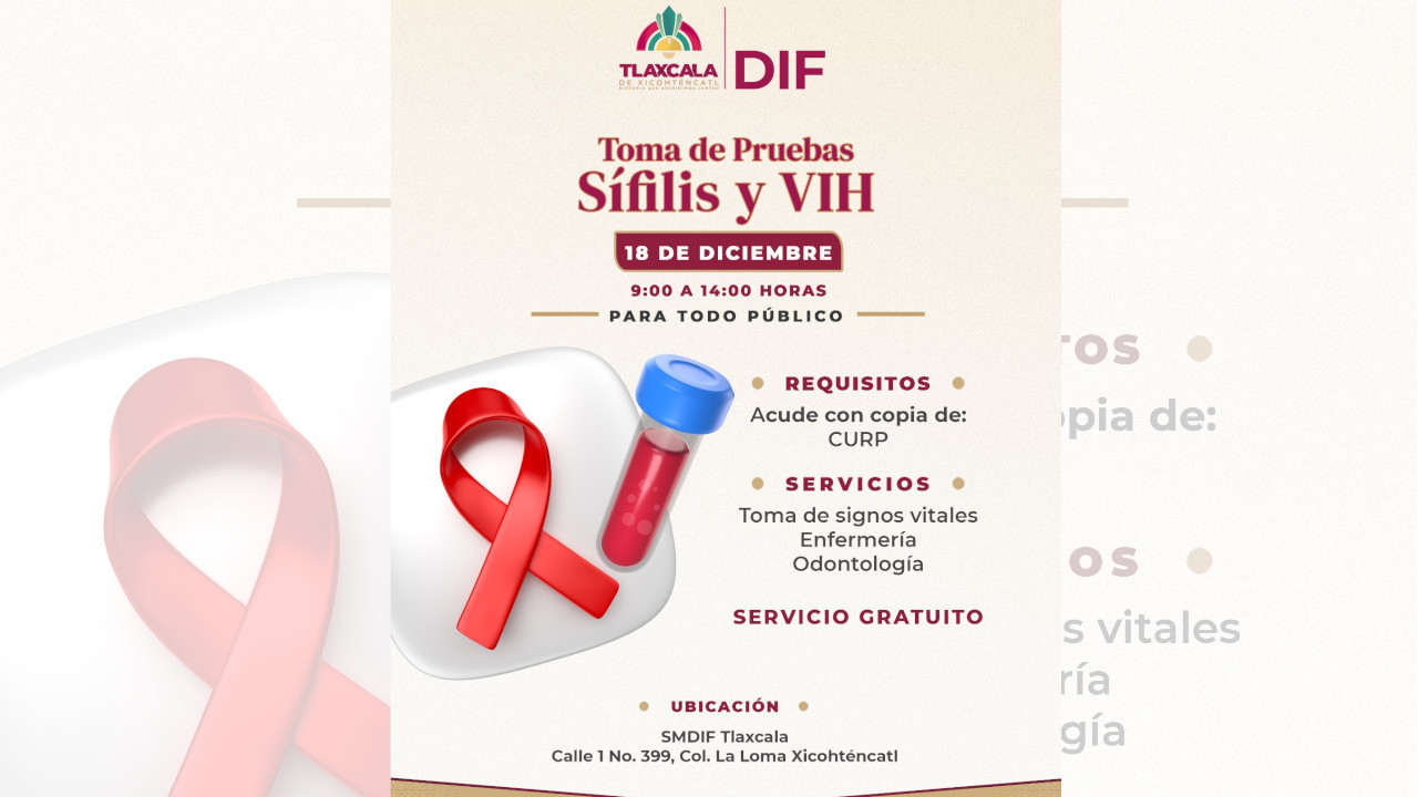 El Ayuntamiento de Tlaxcala refuerza la prevención en salud e invita a jornada gratuita de pruebas de VIH y sífilis.