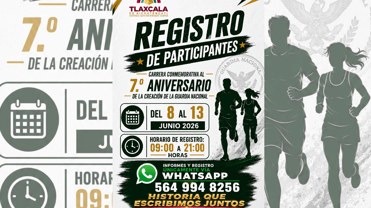 Invita ayuntamiento de Tlaxcala a la carrera conmemorativa al 7º aniversario de la guardia nacional y llama a tomar previsiones viales