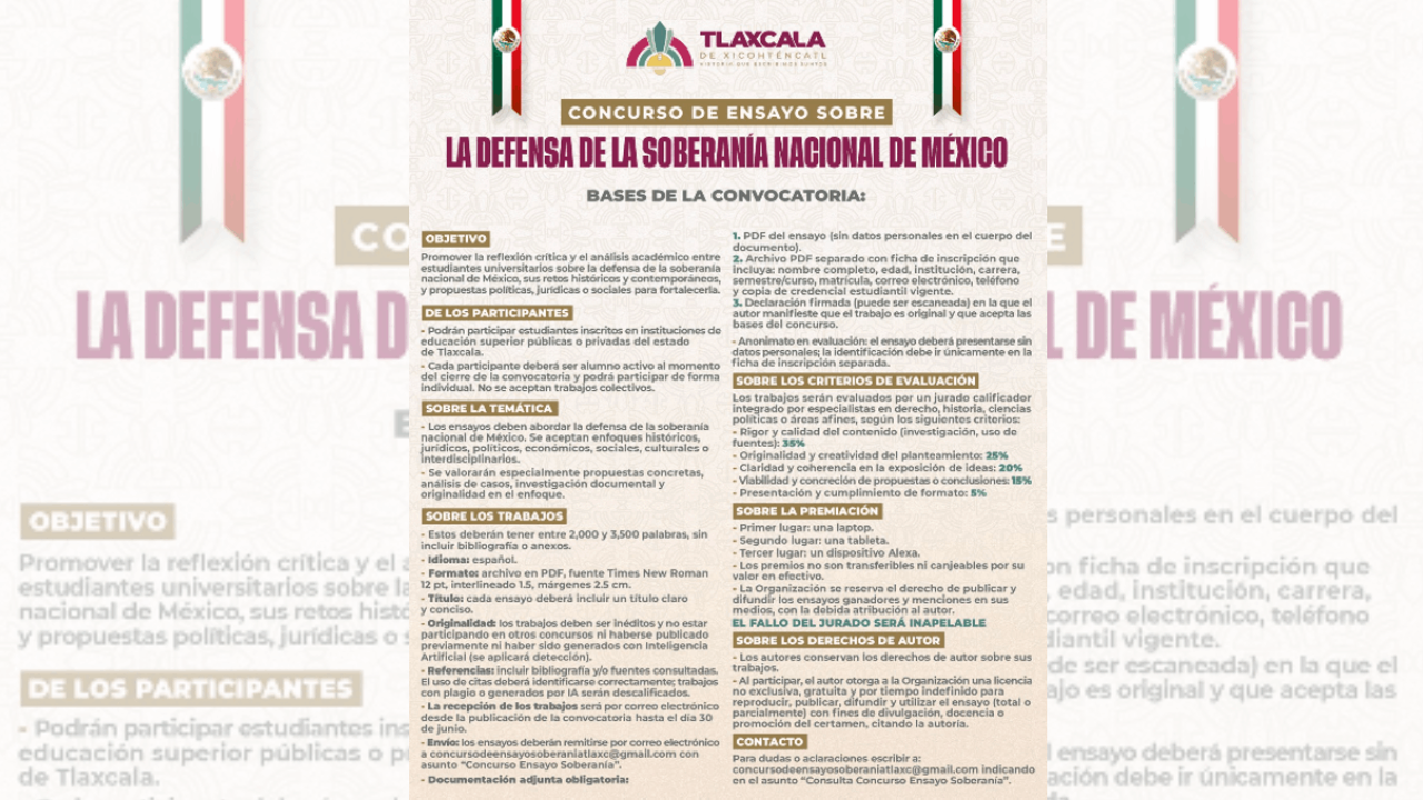 Gobierno municipal de Tlaxcala convoca a concurso de ensayo sobre la defensa de la soberanía Nacional