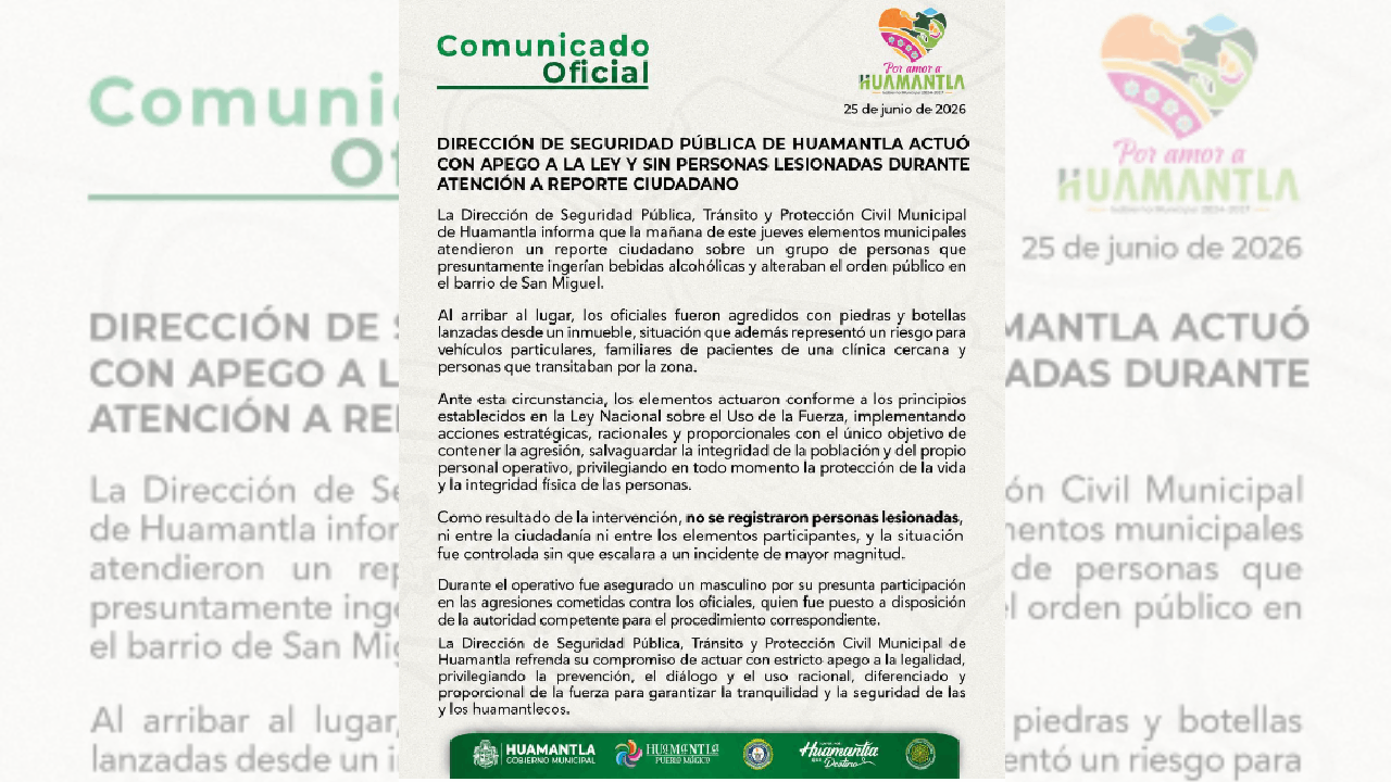 La dirección de seguridad pública de Huamantla actuó con apego a la ley y sin personas lesionadas durante atención a reporte ciudadano