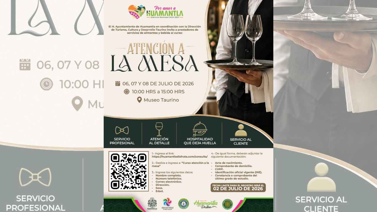 Huamantla mantiene abierta la invitación al curso de atención a la mesa para fortalecer al sector gastronómico