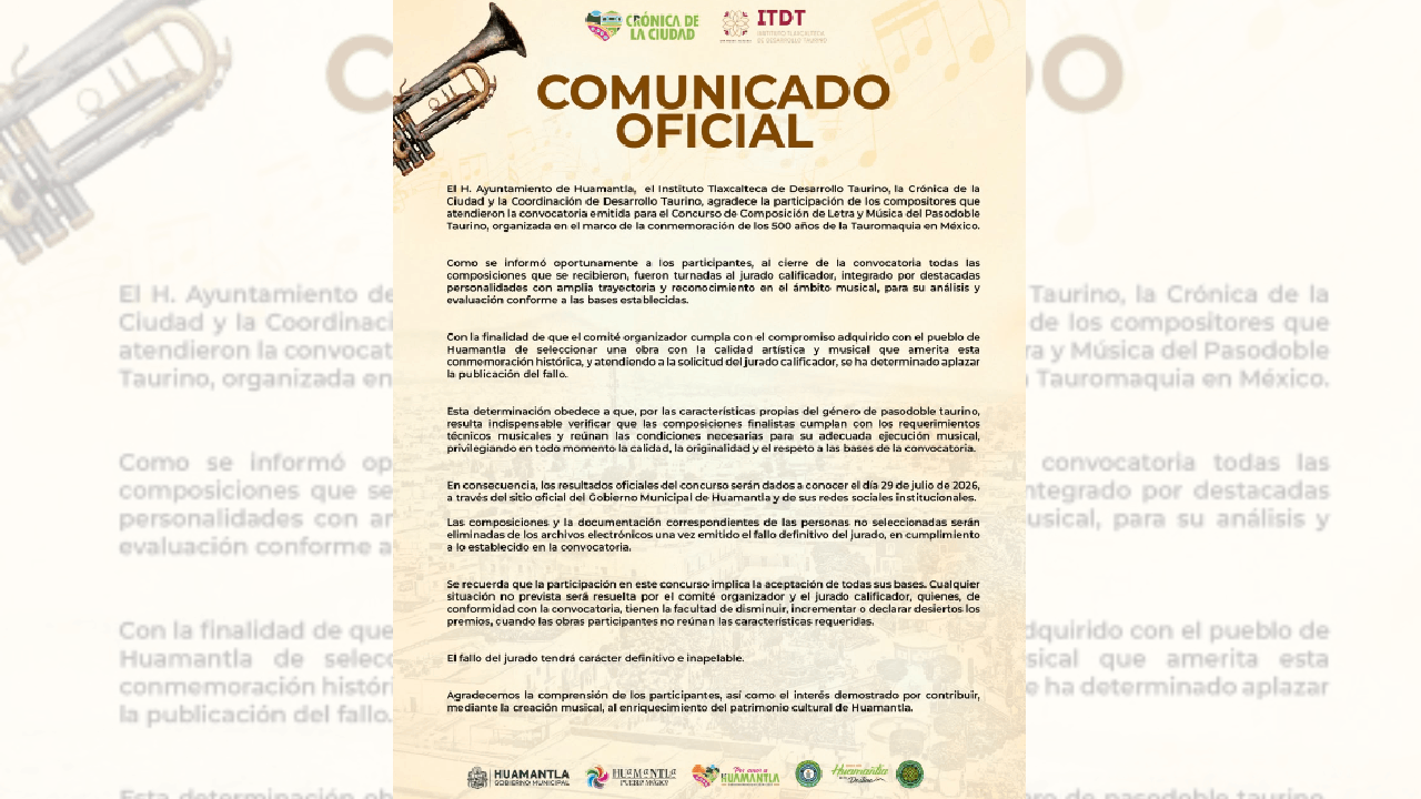 Comunicado Oficial, concurso de composición de letra y música de pasodoble Taurino en conmemoración de los 500 años de la Tauromaquia en México