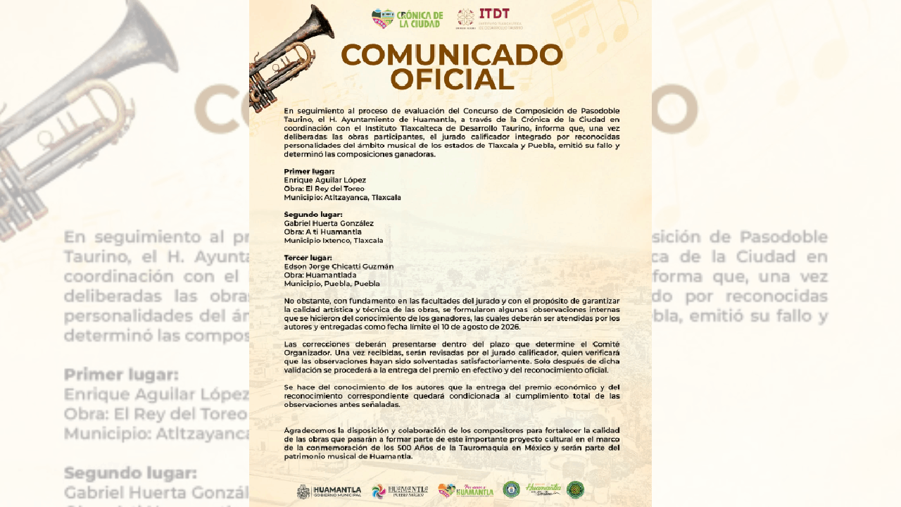 Comunicado: Concurso Nacional de Composición de Pasodoble Taurino