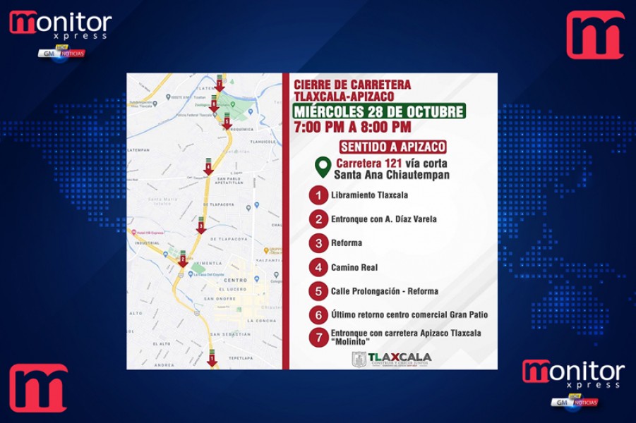 ?#TómaloEnCuenta Hoy cierre en la carretera Tlaxcala-Apizaco con sentido #Apizaco, de 7:00 pm a 8:00 pm. Toma precauciones @GobTlaxcala