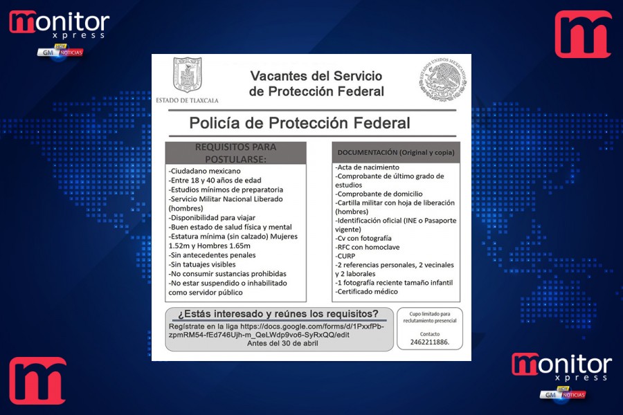 Comienza en Tlaxcala reclutamiento para vacantes de policía de protección federal