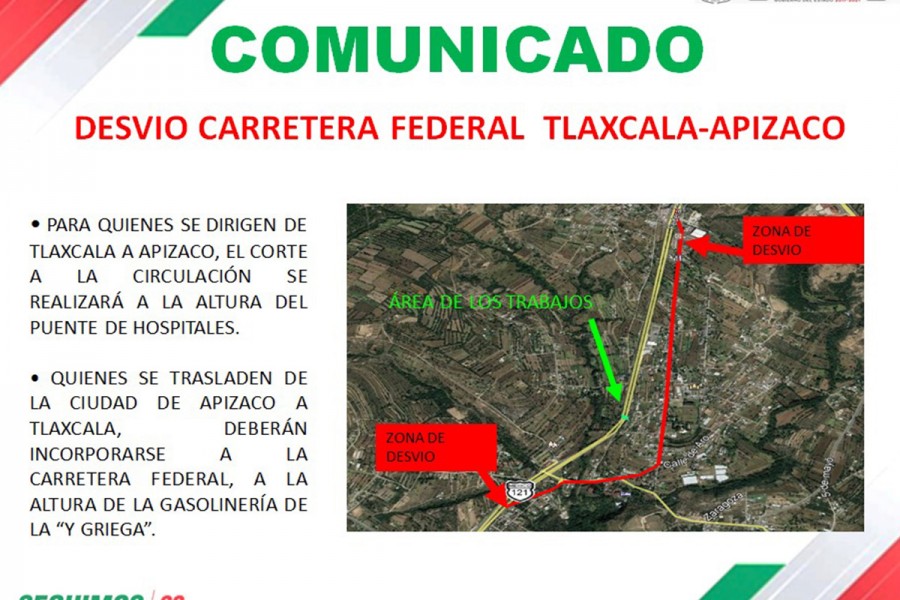 Anuncia SECODUVI cierres a la carretera Tlaxcala-Apizaco este 19 y 21 de marzo