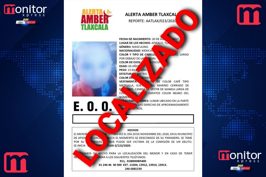 Localiza PGJE a menor de edad reportado como extraviado en Apizaco