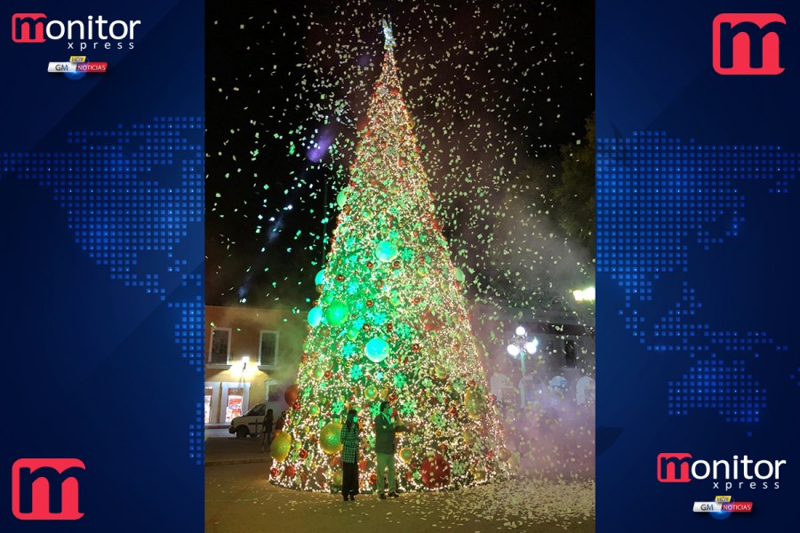 Eencabeza Secretario de Gobierno encendido de árbol y luces navideñas