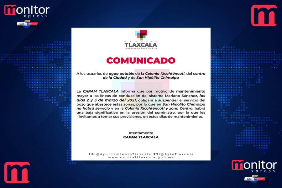 Comunicado de CAPAM Tlaxcala para usuarios de agua potable en zona centro